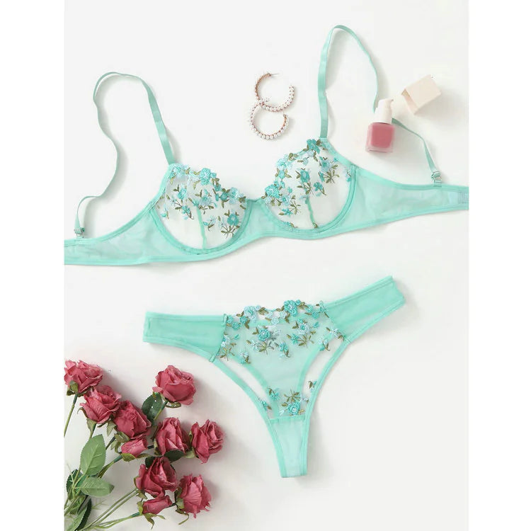 Low Waist Lace Embroidered Bra SetLow Waist Lace Embroidered Bra Set