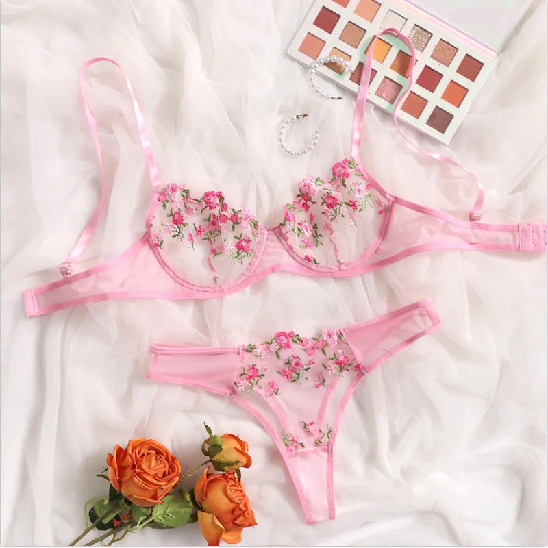 Low Waist Lace Embroidered Bra SetLow Waist Lace Embroidered Bra Set