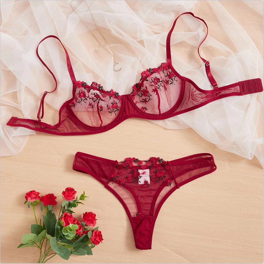 Low Waist Lace Embroidered Bra SetLow Waist Lace Embroidered Bra Set