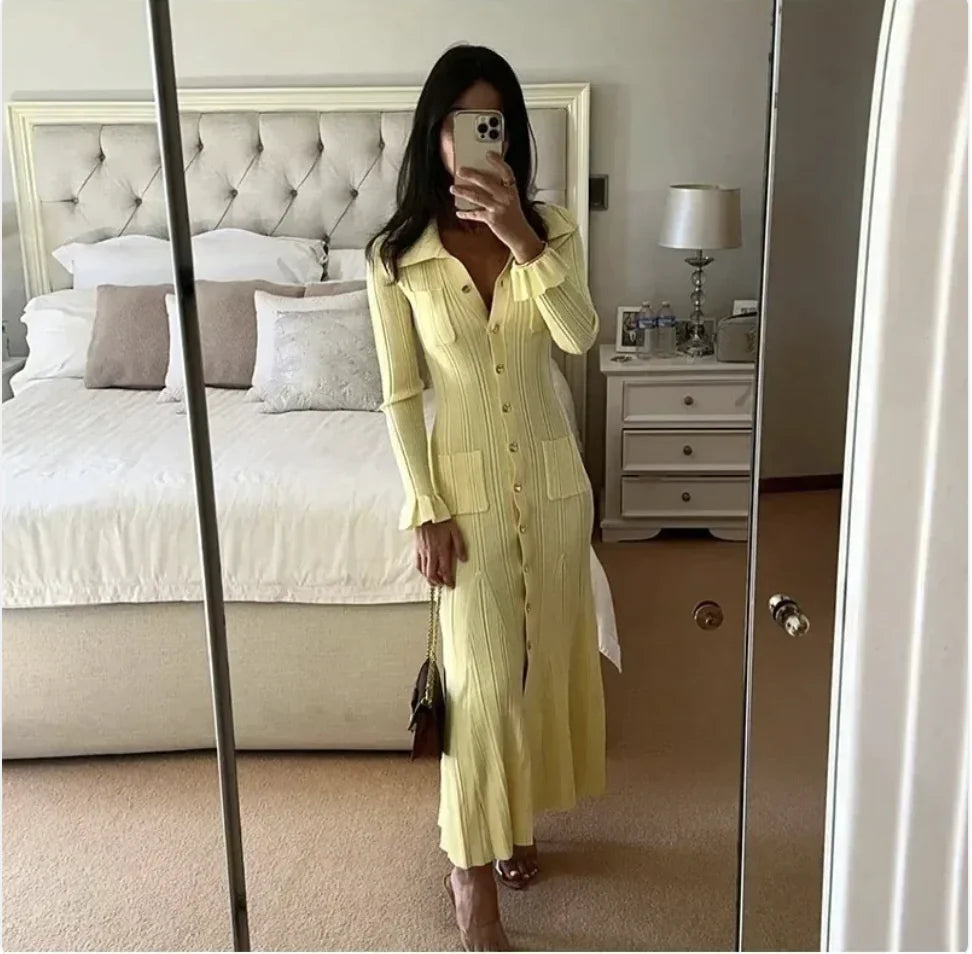 Women's Ruffled V-Neck Knitted Dress