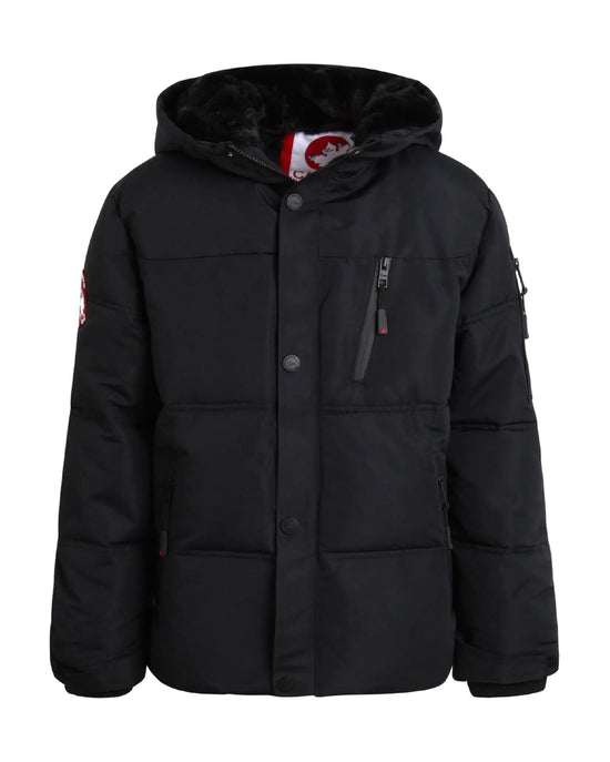 CANADA WEATHER GEAR Boys Puffer Jacket - Insulated Winter Nylon with Faux Fur Lining - Outerwear Ski Jackets for Boys (8-20) Size 14-16 Black