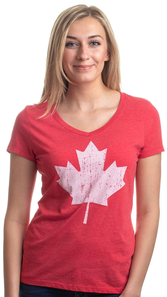 Ann Arbor T-shirt Co. Canada Pride | Vintage Style Retro Canadian Maple Leaf Womens V-Neck T-Shirt-(Vneck M) Heather Red